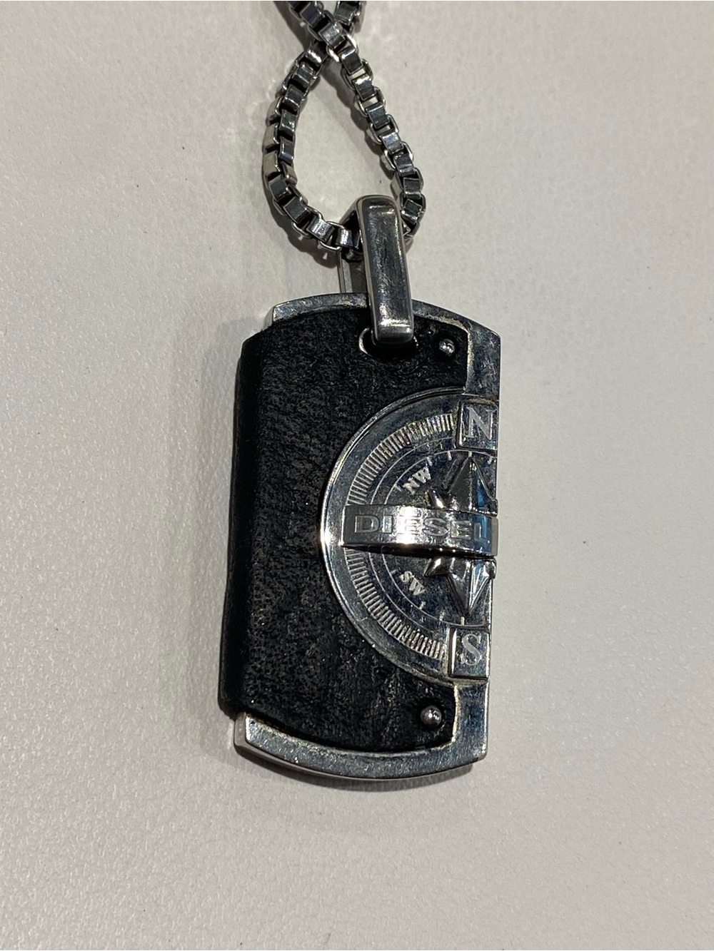 Diesel Compass Dog-tag Pendant Leather & Steel Necklace